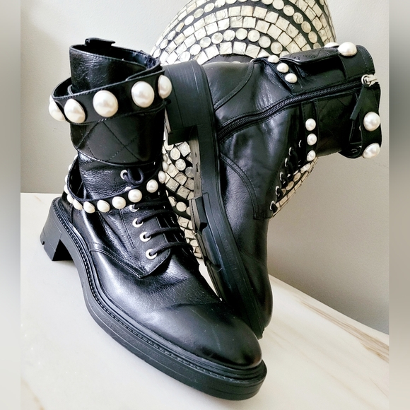 Zara Cow Leather Black Ankle Combat Boots/ Pearl Goat Leather